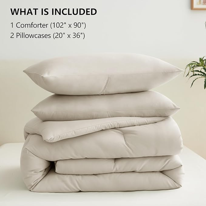 CozyLux Beige King Size Comforter Set, 3 Pieces Solid Breathable Quilted Style Bedding Sets, Luxury Fluffy Soft Bed Set with Down Alternative Comforter for All Season (1 Comforter & 2 Pillowcases)
