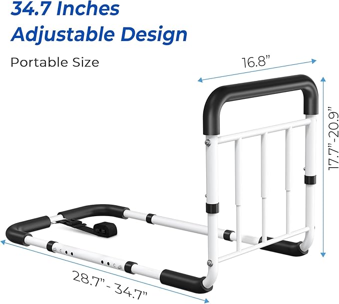 Bed Assist Rail - ASTM Approved, Adjustable Bed Cane with Non-Slip Ergonomic Handle & Storage Pocket, Bed Railings for Seniors Support 400 LBS, Tool-Free Assembly