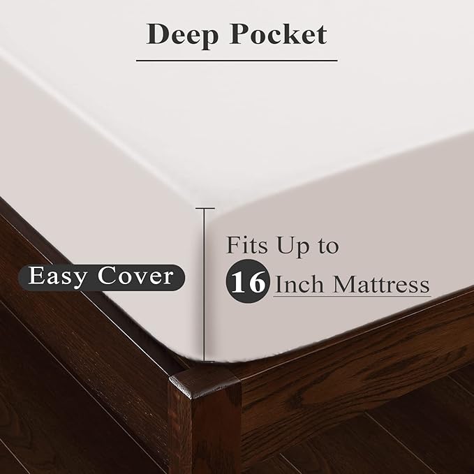 2-Pack Pure Cotton Fitted Sheet King Size, 600 Thread Count 16" Deep Pocket Egyptian Cotton Fitted Sheet (2pcs, King, Light Beige)