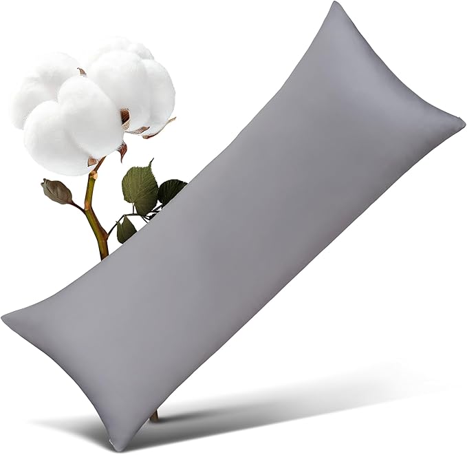 100% Cotton Body Pillow Case Cover with Zipper Wrinkle-Free, 400 Thread Count Super Soft Pillowcase for Body Pillow, Breathable Long Pillow Protector 21" x 54" Grey