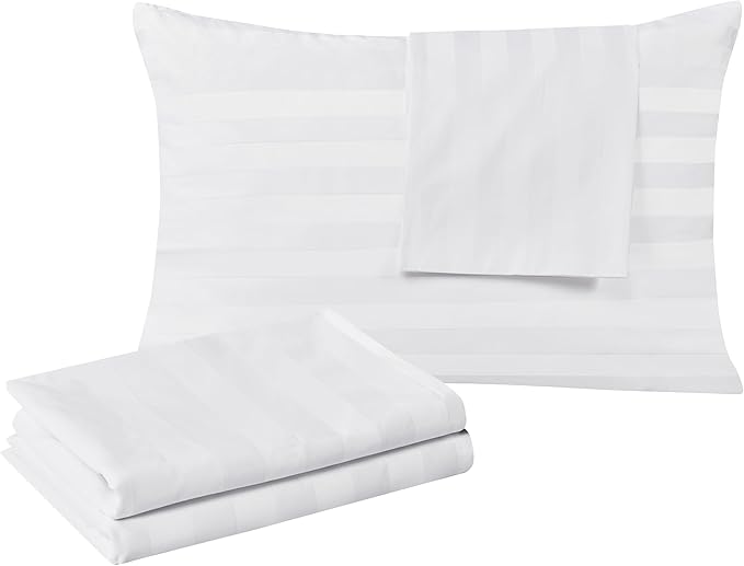 100% Egyptian Cotton Queen Pillow Protectors Set of 4, 400 Thread Count Sateen Weave White Cooling Pillowcase, Easy Care Zippered Style Pillow Covers (4 Pack, Stripe-White, Queen)