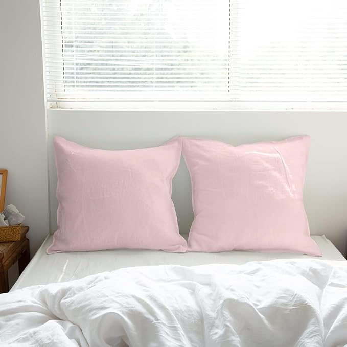 Simple&Opulence 100% Washed Linen Euro Shams 26'' x 26'' Pack of 2, Basic Style Solid Color Natural Flax Farmhouse Decorative Square Throw Pillow Covers for Bed Couch Sofa - Brush Pink