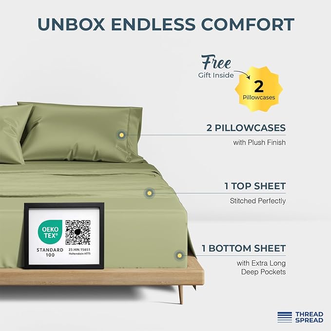 THREAD SPREAD 100% Egyptian Cotton Sheets Queen Size - Luxury 1500 Series Queen Sheet Set Egyptian Cotton (4 PC, Sage Green), Silky Soft, Sateen Weave, Cooling & Breathable, 17" Deep Pocket Bed Set