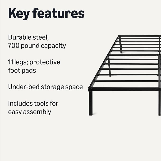 Amazon Basics Metal Bed Frame, Non-Foldable Platform with Under-Bed Storage Space, Durable Steel, Protective Floor Pads, Easy Assembly, Queen, 60W x 80L in, Black