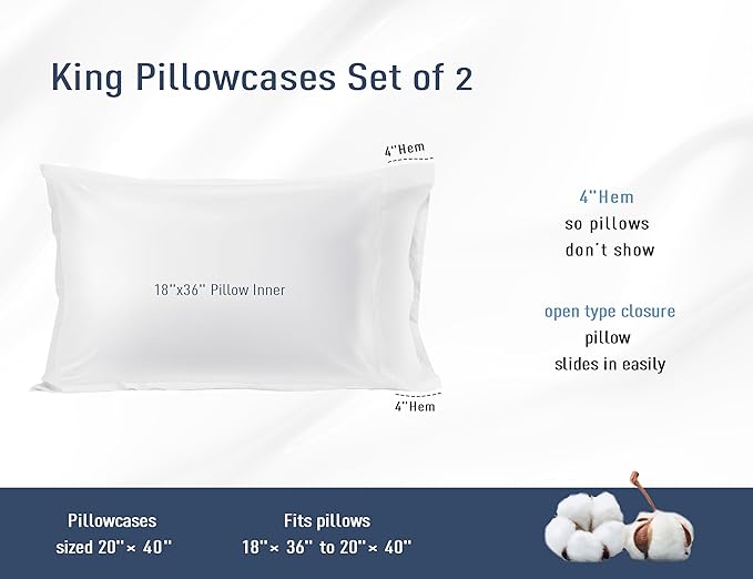Pillow Cases, King Size Cotton Percale Weave Pillowcases, Pre-Shrunk Breathable and Hypoallergenic Pillowcases, Set of 2 (2 Piece King 20 Inch x 40 Inch, White)