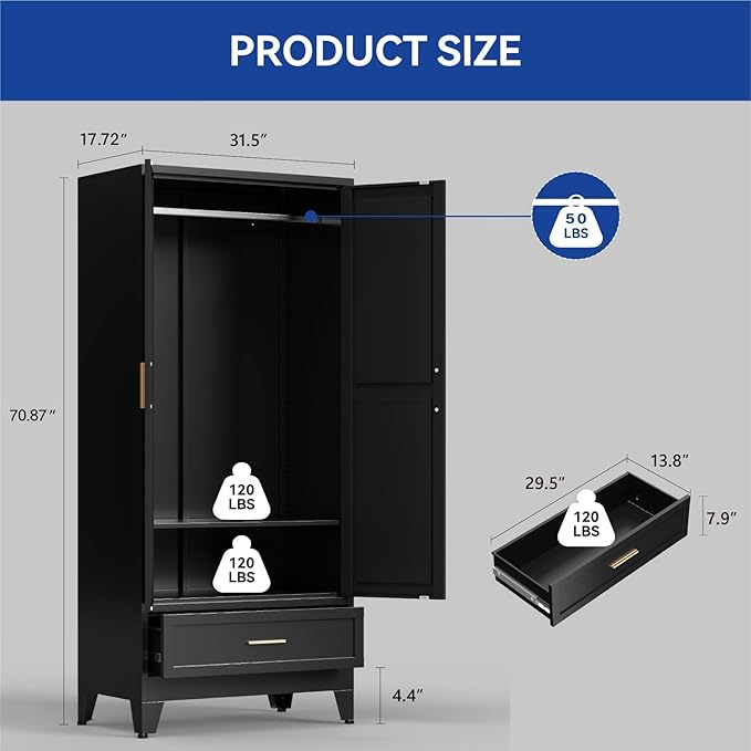 COFaR Metal Armoire Wardrobe Closet with Drawer, 71'' Tall Farmhouse Bedroom Armoires with Doors and Hanging Rod, Freestanding Steel Wardrobe Cabinet Coat Closet for Bedroom Home Office, Black