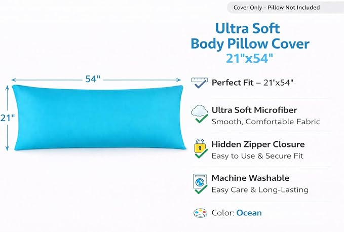 EVOLIVE Ultra Soft Body Pillow Cover 21"x54", Cozy Microfiber Pillowcase with Hidden Zipper, Breathable, Perfect for Pregnancy & Side Sleepers, Cover Only (21"x54" Body Pillow Cover, Ocean)