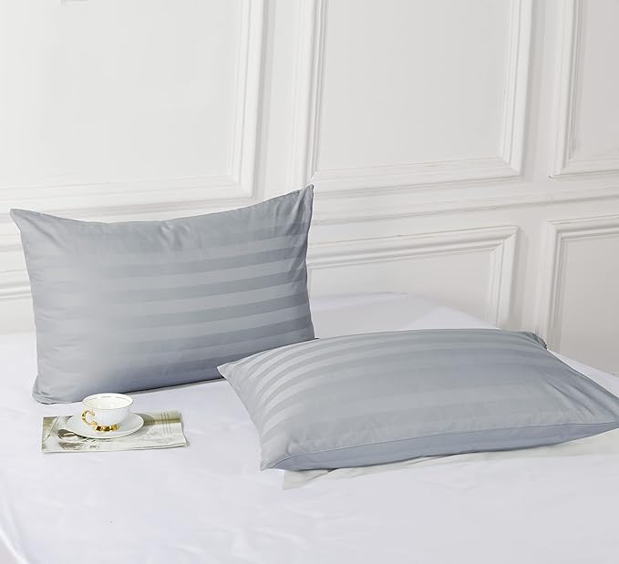 100% Egyptian Cotton Pillow Protectors Set of 2, 600 Thread Count Queen Size Bed Pillow Cases with Zipper, Sateen Weave Cooling Pillow Cases Quiet and Breathable Easy Care (2PCS, Striped Gray)