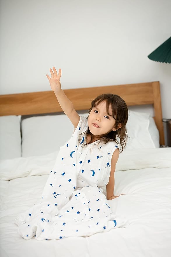 TADO MUSLIN Toddler Sleep Sack 2-4T, 0.5 TOG Lightweight Wearable Blanket for Baby, 100% Organic Cotton Muslin 4 Layers, Sleeveless Sleeping Bag, 2-Way YKK Zipper, OEKO-TEX Certified, Blue Star Moon