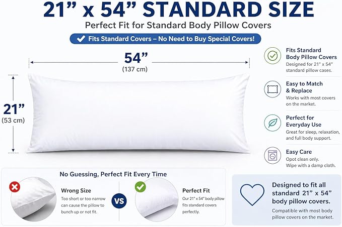 EVOLIVE Body Pillow Insert 21" x 54", Ultra Soft Microfiber Full Body Pillow for Pregnancy, Side Sleepers & Back Support, Plush Supportive Long Bed Pillow (21"x54" Body Pillow)