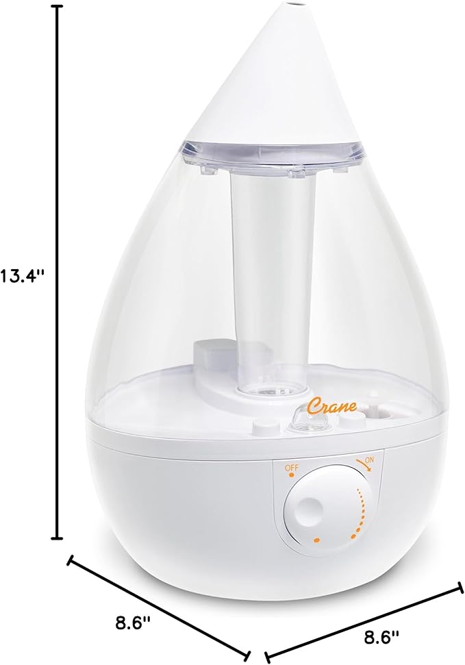 Crane Ultrasonic Cool Mist Humidifier for Bedroom, Baby Nursery, Kids Room, Plants, or Office, Large 1 Gallon Tank, Filter Optional, Clear and White
