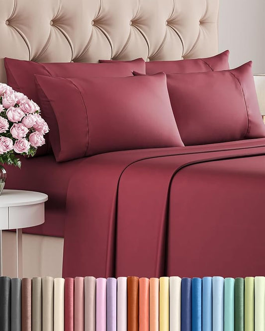 King 6 Piece Sheet Set - Comfy, Breathable & Cooling - Hotel Luxury Bedding for Women, Men, Kids, Teens and Children - 1 Flat & 1 Fitted Sheet & 4 Pillowcases w/ Deep Pockets - Wrinkle Free - Burgundy