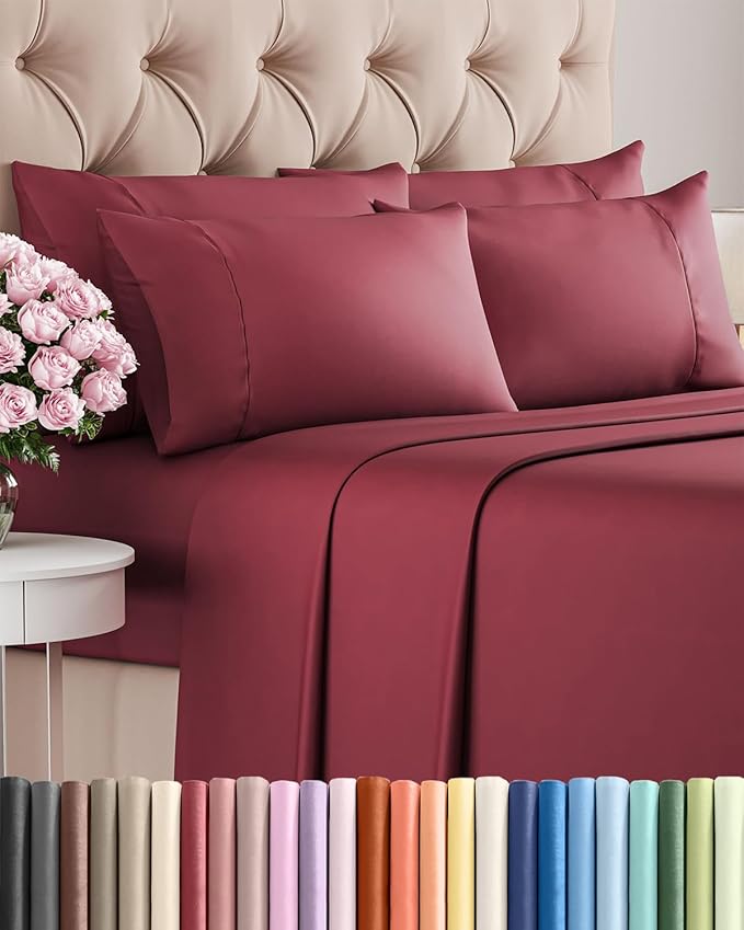 Full 6 Piece Sheet Set - Comfy, Breathable & Cooling - Hotel Luxury Bedding for Women, Men, Kids, Teens and Children - 1 Flat & 1 Fitted Sheet & 4 Pillowcases w/ Deep Pockets - Wrinkle Free - Burgundy