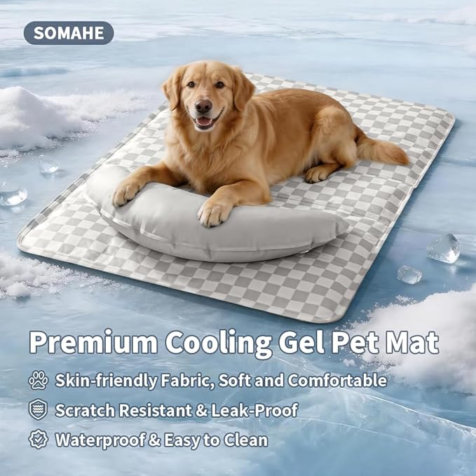 SOMAHE Pet Cooling Mats Pad for Dogs, Portable Summer Self-Cooling Mat with Removable Crescent Pillow for Large Dogs (Q-Max>0.5), Non-Toxic, All-Day Cooling, 35 x 24 Inches Grey