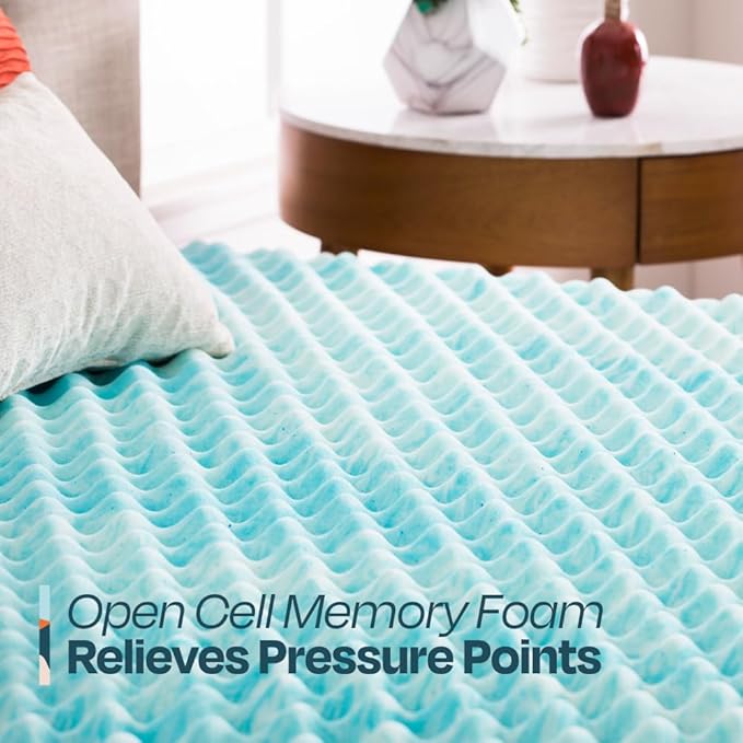 Linenspa 2 Inch Gel Memory Foam Mattress Topper – Egg Crate Style, Reversible for two feels – Promotes Airflow & Relieves Pressure Points – Queen