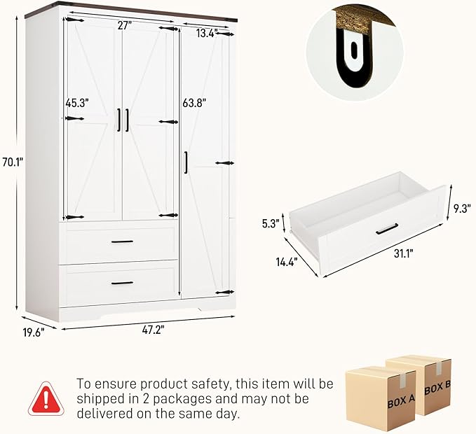 Hlivelood 3 Doors Wardrobe Armoire Closet with Doors and Drawers, Farmhouse Wooden Armoire Storage Cabinet with Shelves & Hanging Rod for Bedroom, White