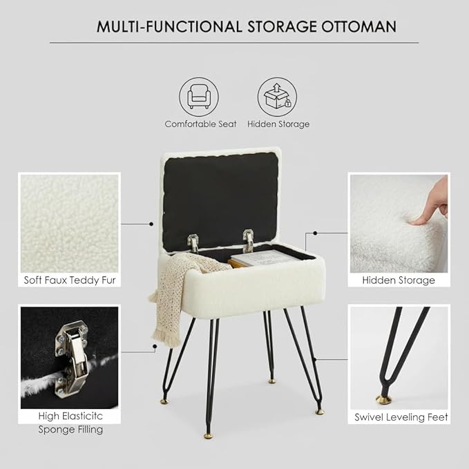 Vanity Stool Chair, Faux Teddy Fur Ottoman Foot Stool with Metal Legs & Adjustable Black Feet, Flip Top Storage Makeup Chair with Soft Padded Seat, Foot Rest for Makeup Room Bedroom, White