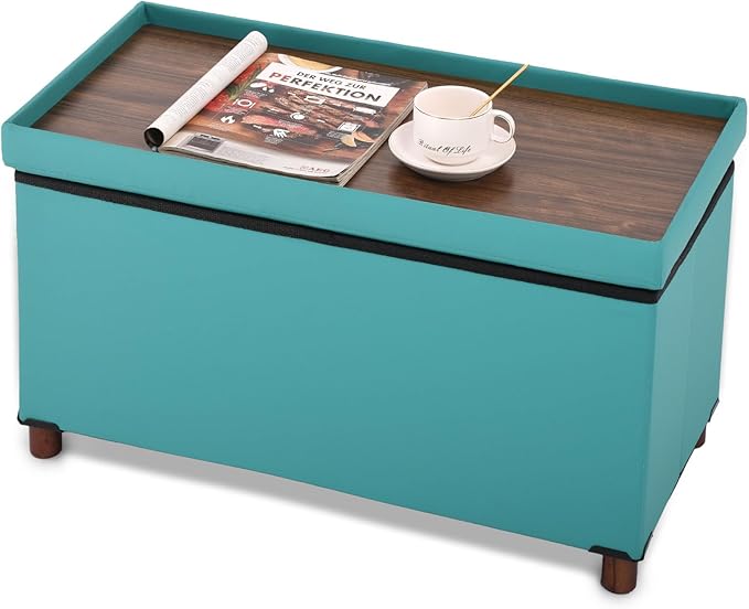Dorriss Ottoman Storage Bench for Living Room with Tray, Bedroom Foot Stool, Coffee Table Lid, End of Bed Faxu Leather 30" Inch (L-Green)