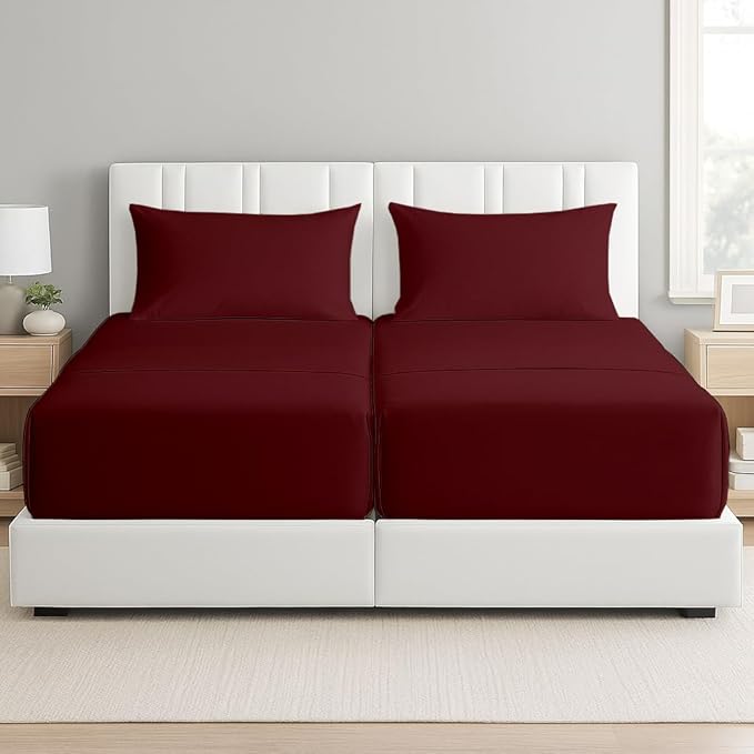 Split King Sheets for Adjustable Bed,Sheets for Adjustable Bed,Twin XL Fitted Sheets for Adjustable Bed Split King,Split King XL Sheets,Sheets for King Size Split Bed-16 Drop (5 PCs)(Burgundy Solid)