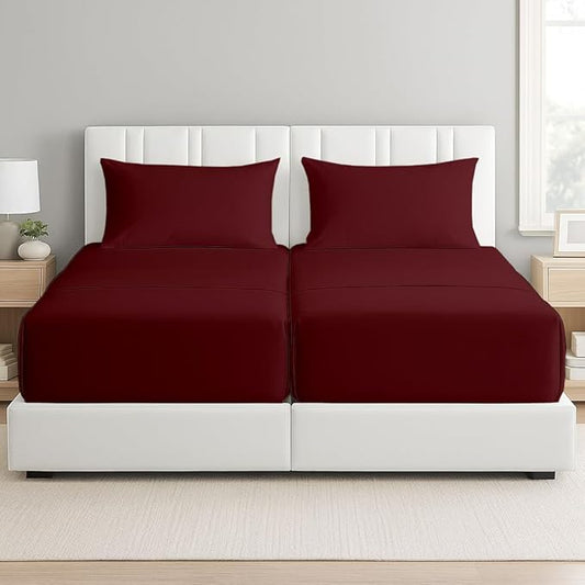 5 Piece Split Cal King Sheet Set, 100% Egyptian Cotton, 16 Inch Deep Pockets, Burgundy Solid, Soft Cooling Sheets for Adjustable Beds, Sleep Number Beds, Split Cal King Mattress Sheet Set