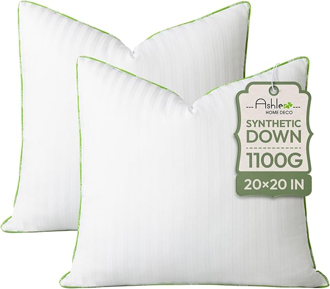 Ashler Home Deco Synthetic Down Pillow Inserts, 20x20 Down Alternative Throw Pillows Insert Sleeping Pillows with 100% Cotton Cover Decorative Pillow Stuffer for Sofa, Couch Bed(Set of 2, White)