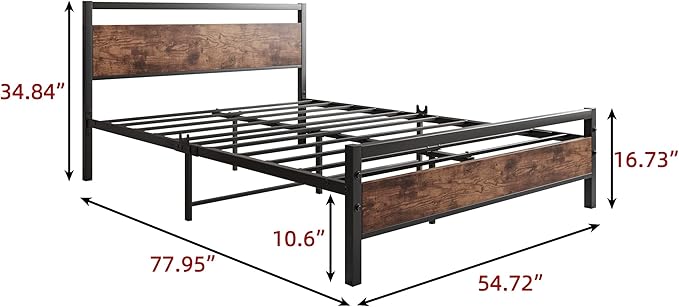 HOJINLINERO Full Size Bed Frame with Headboard, Heavy Duty Platform Bed Frame Full Reinforced Steel Square Tube Platform Strong Slats Support/No Box Spring Needed,Black and Rustic Brown