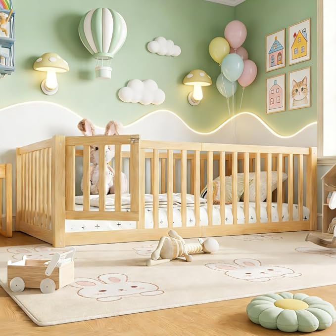 Bellemave Twin Size Montessori Floor Bed with 23.5" High Rails, Pine,Plywood Twin Floor Bed with Small Door, Natural