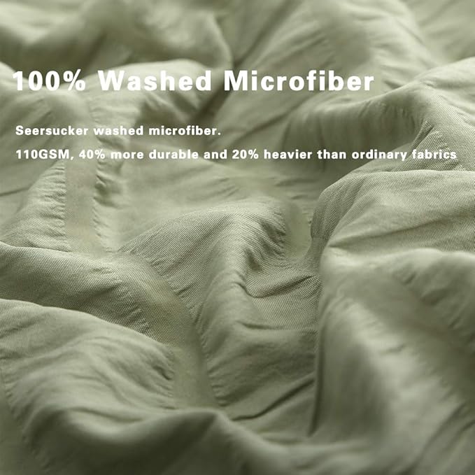 AveLom Green Duvet Cover King(104 x 90 inches), 3 Pieces (1 Duvet Cover, 2 Pillow Cases),Seersucker Tripe Soft Washed Microfiber Textured Duvet Cover Set with Zipper Closure, Corner Ties