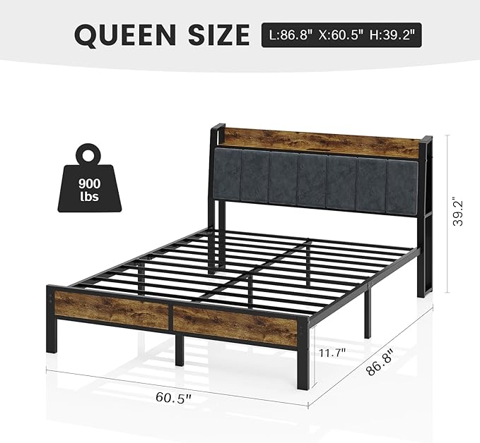 Queen Size Bed Frame with Wood Headboard, Metal Platform Bed with USB Charging Station and Smart LED Lights, No Box Spring Needed, Easy Assembly