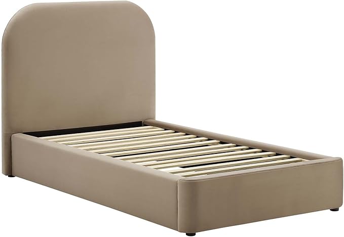 Modway Keynote Modern Bed Frame, Twin Size with Curve Shaped Headboard in Taupe, Performance Velvet