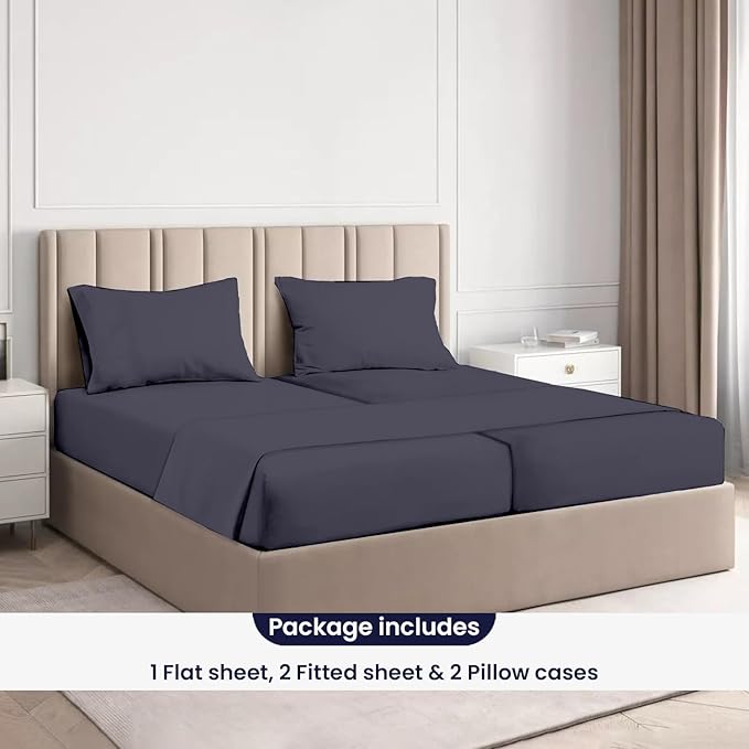 SGI Split King Sheet Set for Adjustable Bed Egyptian Premium Cotton 600 Thread Count Sheets for Sleep Number Bed 15" Deep Pocket 5 Pc Set with 2 Twin XL Fitted Sheets Soft Breathable -Dark Gray