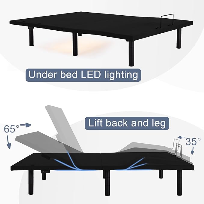 Fromann Adjustable Electric Queen Bed Base Frame with Massage,USB Type-C Ports, Zero Gravity, Under Bed Led Lighting and Three Leg Height (Black)