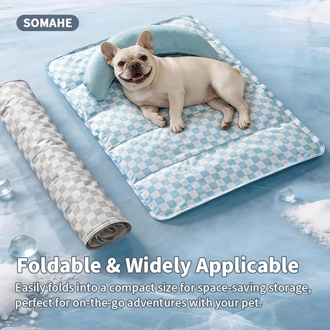 SOMAHE Pet Cooling Mats Pad for Dogs, Portable Summer Self-Cooling Mat with Removable Crescent Pillow for Small Dogs & Cats (Q-Max>0.5), Non-Toxic, All-Day Cooling, 27 x 20 Inches Blue