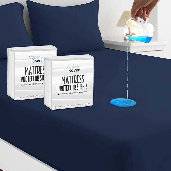 2 Pack Full Size Mattress Protector Waterproof Cover, Waterproof Bed Full Fitted Sheet Only, Machine Washable 14" Deep Pocket Mattress Covers for Double Bed, Navy Blue