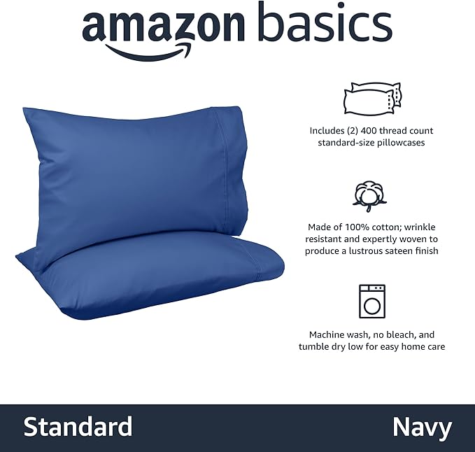 Amazon Basics 400 Thread Count 100% Cotton Pillow Cases, Soft & Breathable Sateen Weave, Machine Wash, Standard Size, 20" x 30", Navy, Set of 2