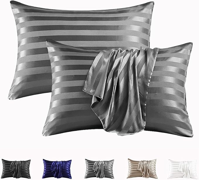 MR&HM Satin Pillowcase for Hair and Skin, Silk Satin Pillowcase 2 Pack, Standard Size Pillow Cases Set of 2, Silky Pillow Cover with Envelope Closure (20x26, Dark Grey Striped)