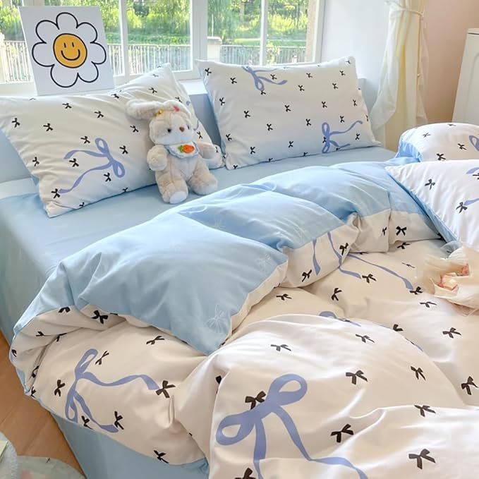 Nayoroom Blue Bow Duvet Cover Queen Size Reversible Blue Duvet Cover 3 Pieces Soft Lightweight Microfiber Kids Girls Cute Aesthetic Dorm Bedding Set