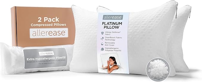  AllerEase Platinum 2-in-1 Adjustable Pillow, CleanBoost Allergen Barrier, Extra Fill, Standard/Queen - 2 Pack
