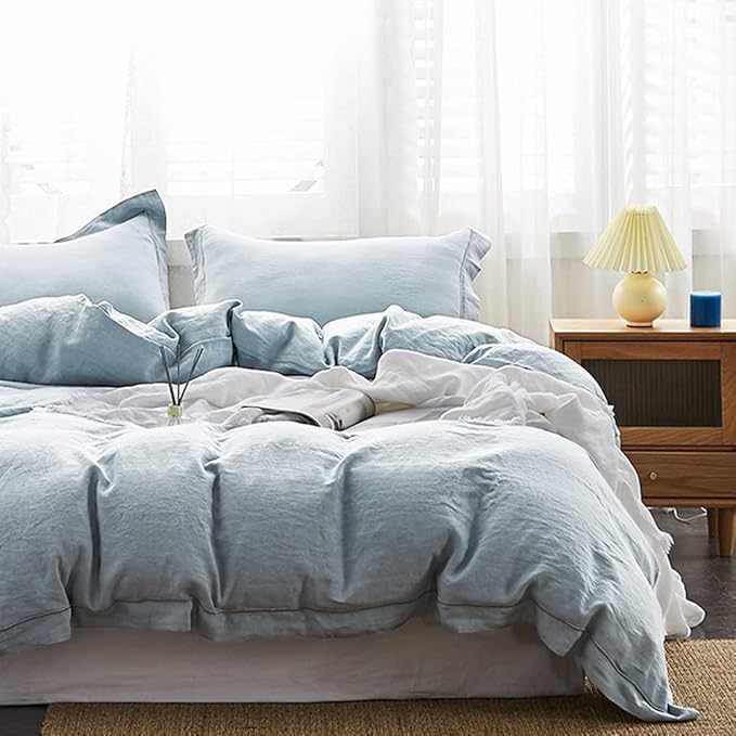 Simple&Opulence 100% Linen Duvet Cover Set with Embroidery Border Washed - 3 Pieces (1 Duvet Cover & 2 Pillow Shams) with Button Closure Soft Breathable Farmhouse - Dusty Blue, Full Size