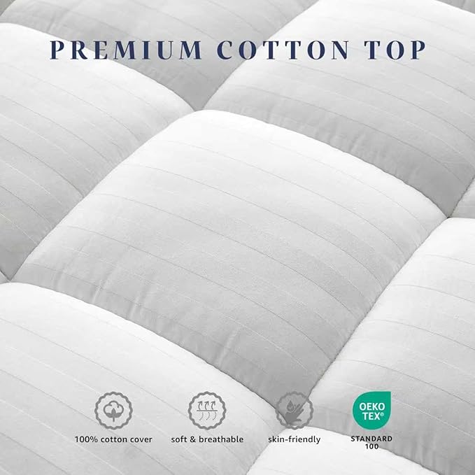 Full Size Mattress Pad 100% Cotton Top, Thick Mattress Topper for Back Pain Relief, Breathable & Skin-Friendly Quilted Mattress Cover, Fits 8-22" Deep Mattress(54 x 75 Inches, White)