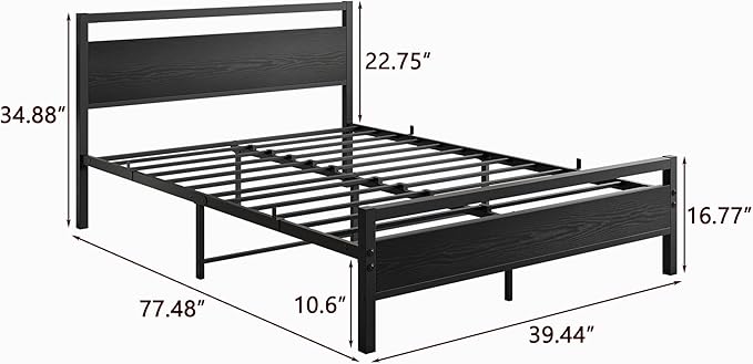 HOJINLINERO Full Size Bed Frame with Headboard,Platform Metal Bed Frame Full Size,Black Wood Bed Frame No Box Spring Needed Heavy Duty Metal Slats Support,Mattress Beds Base,Noise Free,Easy Assembly