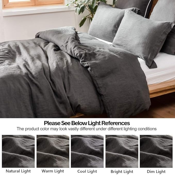Simple&Opulence 100% Linen Duvet Cover Set 3pcs Basic Style Natural French Washed Flax Solid Color Soft Breathable Farmhouse Bedding with Button Closure - Dark Grey, Full