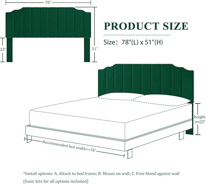 Befurtori King Size Headboard Only, Velvet Wall Mounted Headboard King for Adjustable Bed Modern Upholstered Head Board Easy Assembly, Jade Green
