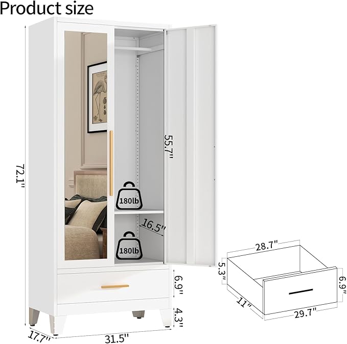72" Tall Metal Wardrobe Closet - Large Clothing Storage Cabinet with 1 Hanging Rod, 1 Adjustable Shelve, 1 Drawer & Mirror Doors - Closet Organizer for Bedroom, Office, Laundry Room, Garage - White