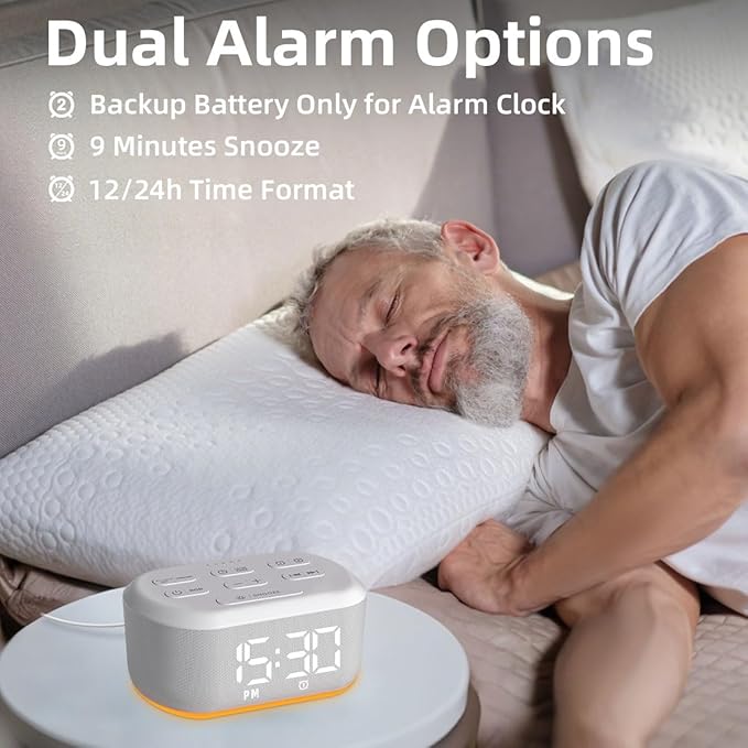 Small Digital Alarm Clock for Bedroom White Noise Sound Machine with 30 Soothing Sound Plug in Desk Bedside Clock with NightLight Battery Backup 15 Wake up Sound Clock for Teen Kid Heavy Sleeper