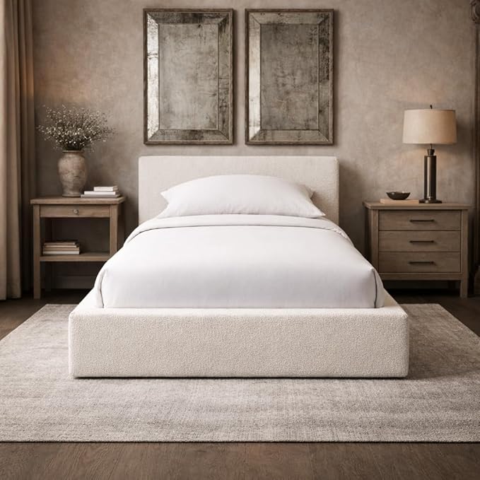 Square Bed – Washable Cover - Soft Upholstered Linen - Minimalist Modern - Sold Separately(Cream Boucle, Twin Base)