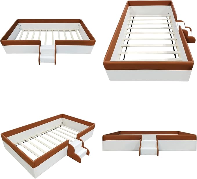 Merax Twin Size Kids Floor Bed, Upholstered Kids Daybed Frame with Fence and Stairs, Wood Bed for Living Room, White+Brown