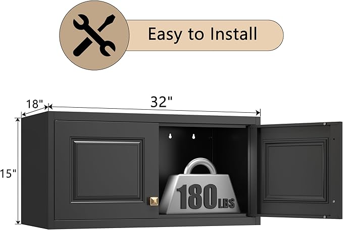 32" Metal Wall Cabinet 2 Doors,Black Hanging Cabinets with Handle,Metal Wardrobe Cabinets,Armoire Wardrobe Closet,Clothes Storage Cabinet for Bedroom,Laundry Room