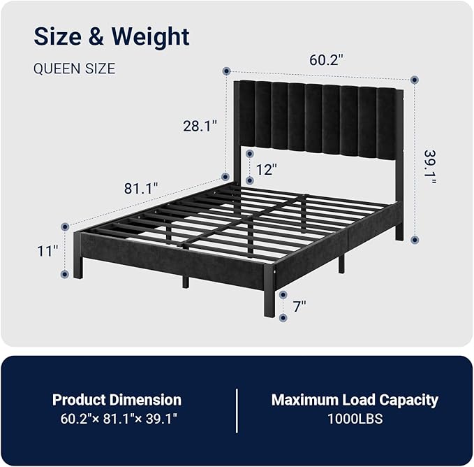 Avenco Queen Size Bed Frame with Velvet Upholstered Piano Keys Headboard, Metal Platform Bed Frame with Metal Slats for Bedroom Furniture, Black