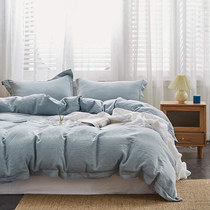 Simple&Opulence 100% French Flax Linen Duvet Cover Set with Embroidery Washed - 3 Pieces (1 Duvet Cover with 2 Pillow Shams) with Button Closure Soft Breathable Farmhouse - Dusty Blue, King Size